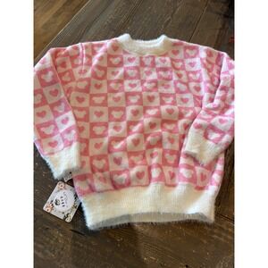 Pink White‎ Heart Checkered Fuzzy Knit Sweater Kids Cozy Pullover Top